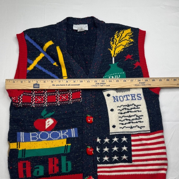 Vintage sweaterloft sweater vest cardigan Medium M Teacher Navy Red Graphic knit - Picture 5 of 7